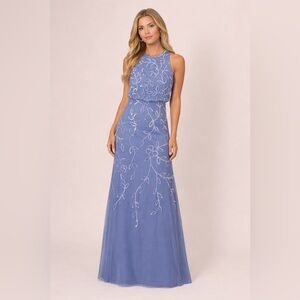 Adrianna Papell Beaded Mesh Gown Blue Floral Formal Dress Size 12 NWT GALA MOB